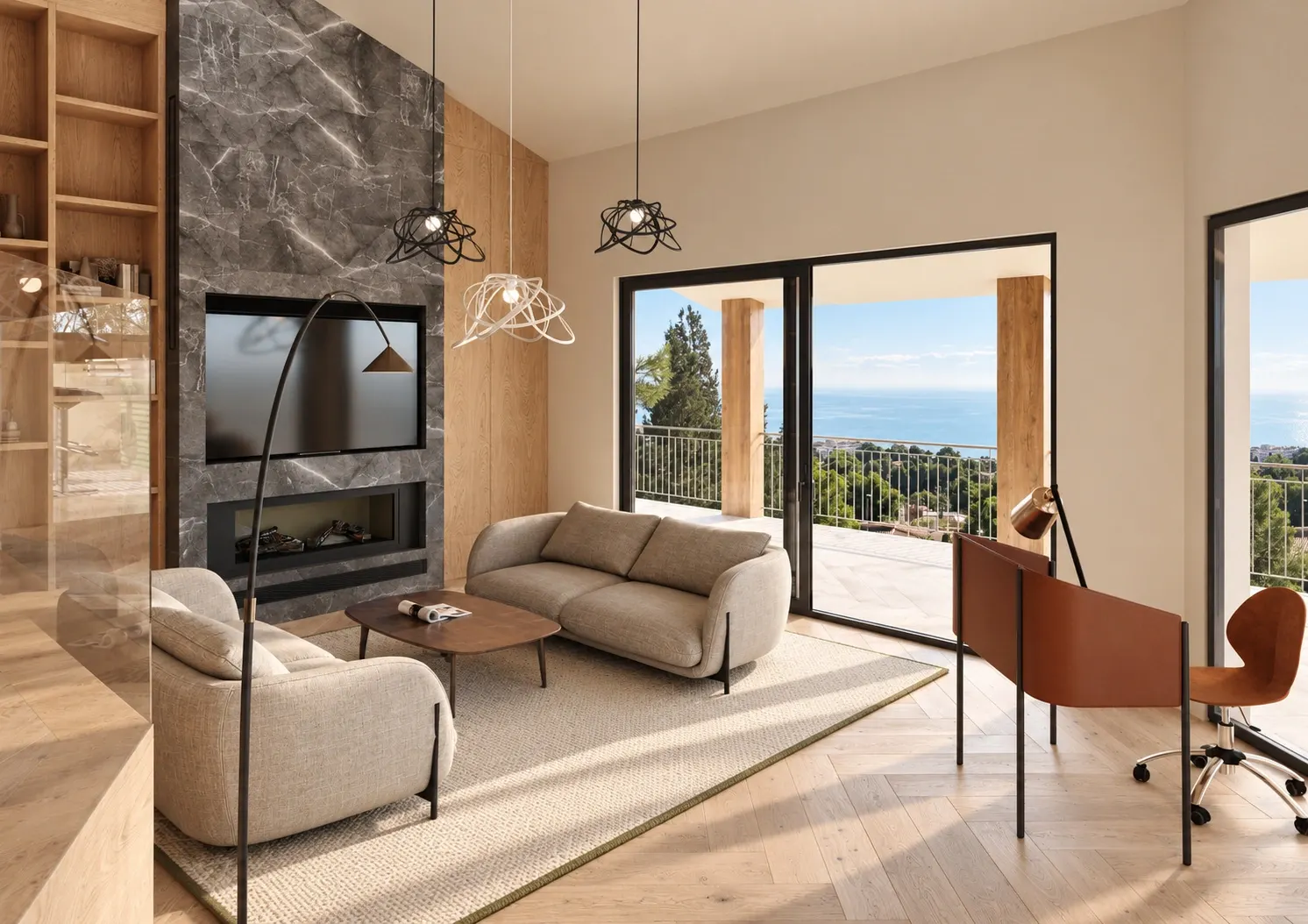 Living room with a tall fireplace wall and terrace overlooking the sea