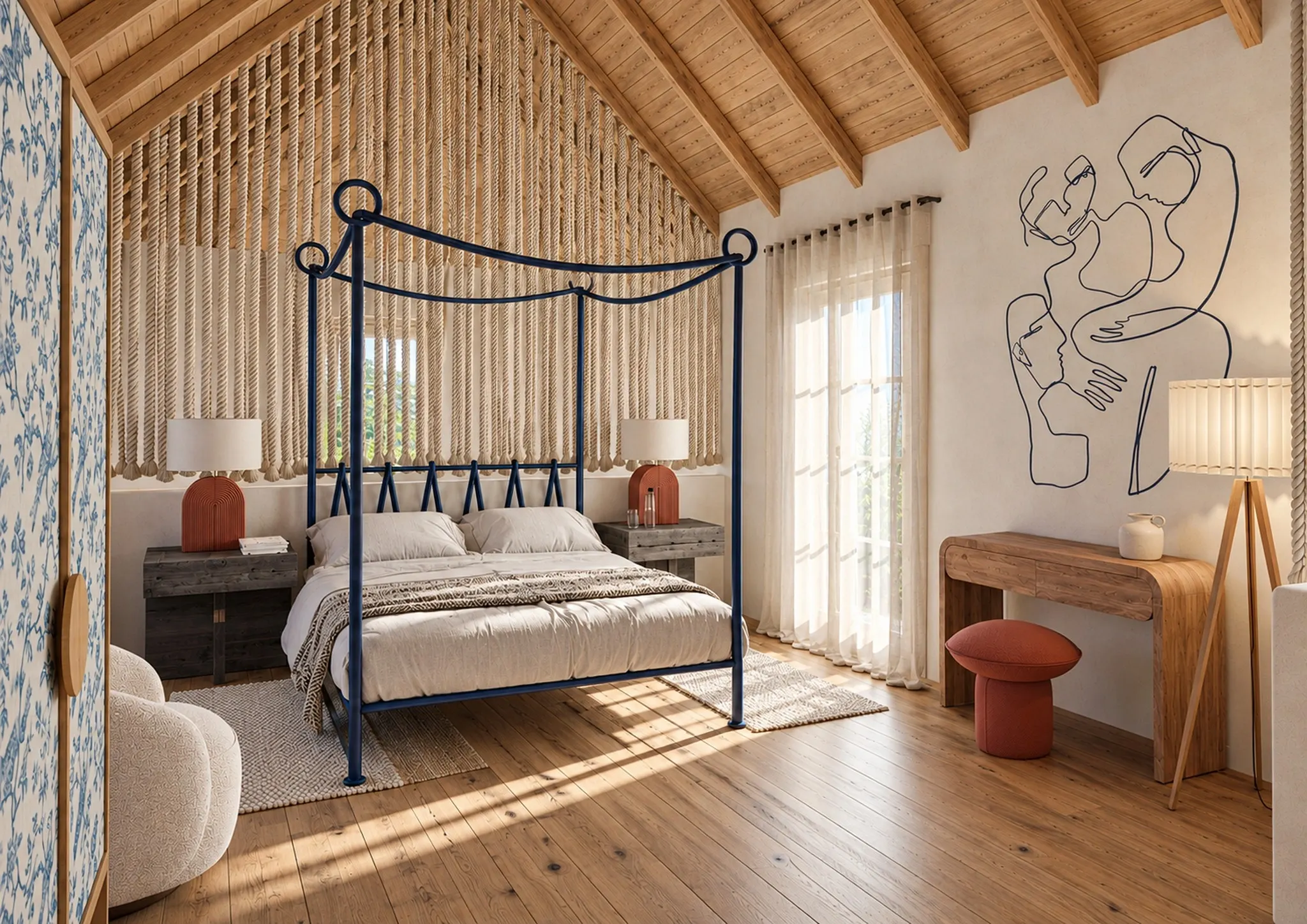 Bedroom with a blue four-poster bed beneath an exposed timber roof.