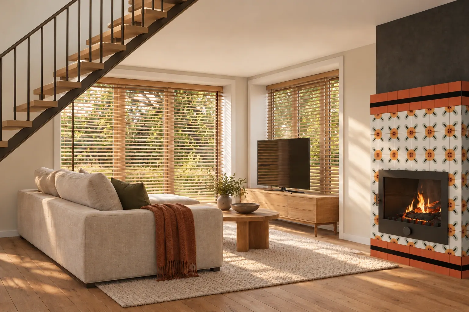 Living room with a patterned tiled fireplace and timber staircase