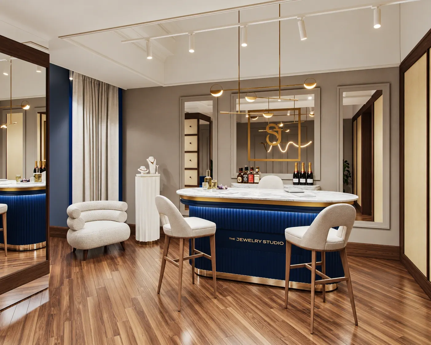Blue fluted consultation counter with a white stone top and cream upholstered chairs.