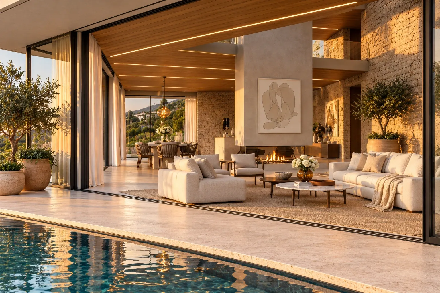 La Zagaleta Villa concept: poolside view into the living room with a suspended fireplace and warm timber ceiling
