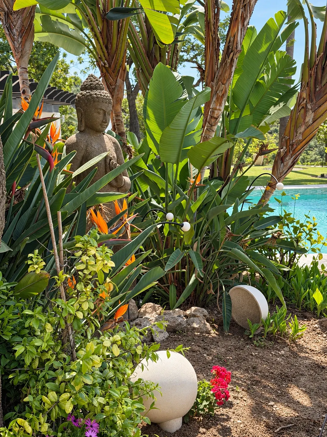 Stone garden sculpture among bird-of-paradise plants beside a turquoise swimming pool in daylight.