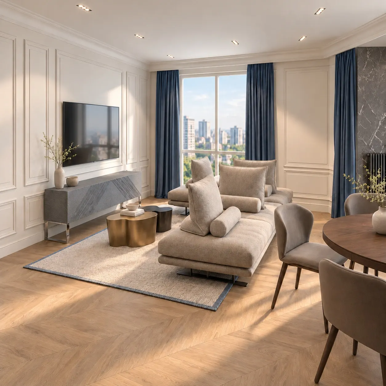 Flexible sofa arrangement framed by classical wall mouldings