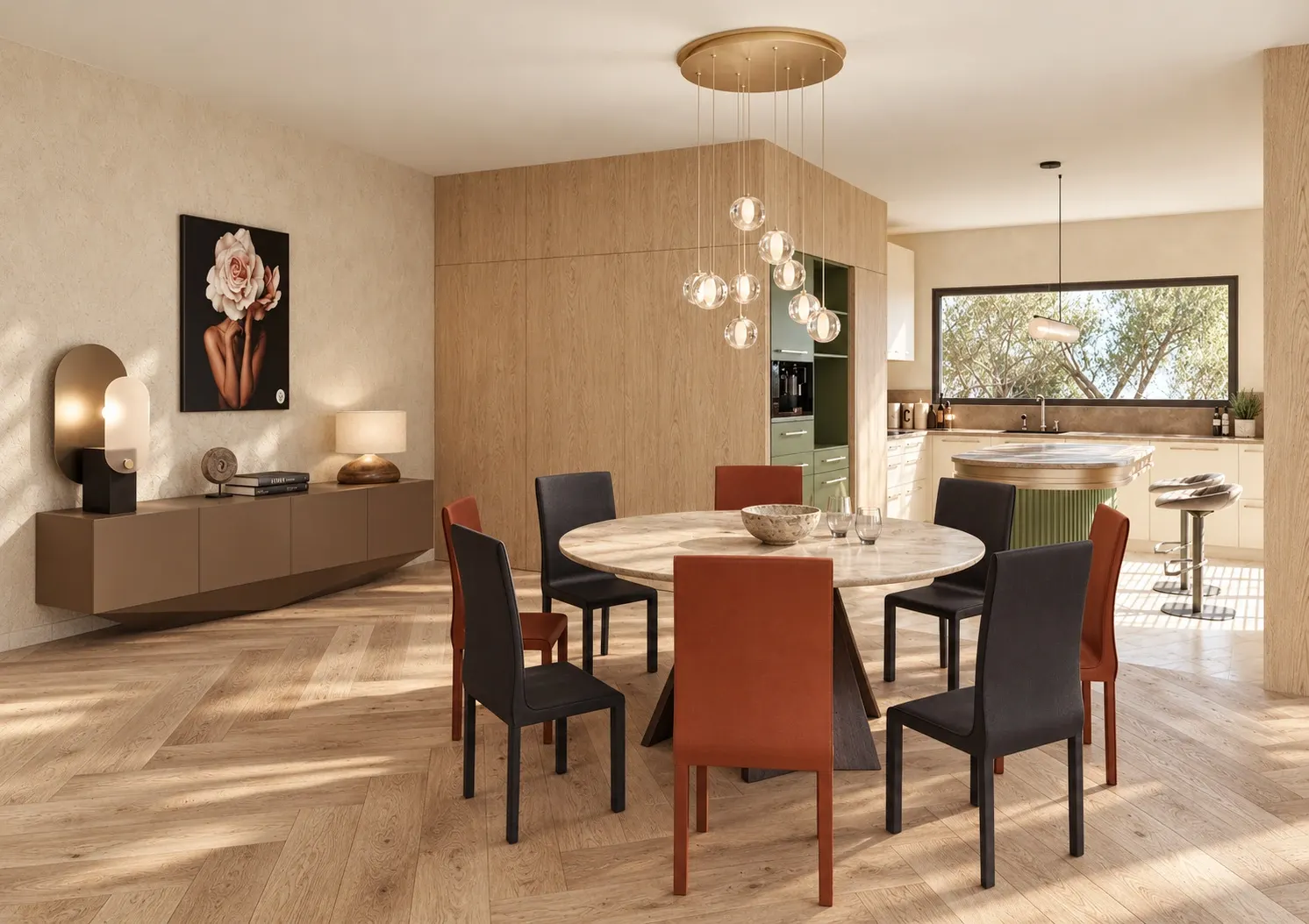 Dining area with terracotta chairs, glass pendants and a view into the kitchen
