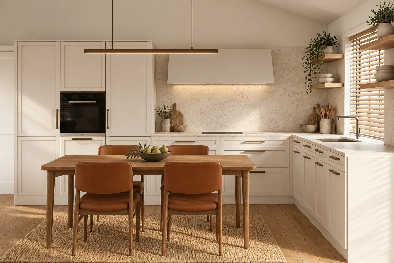 Kitchen and dining area with timber chairs and pale cabinetry