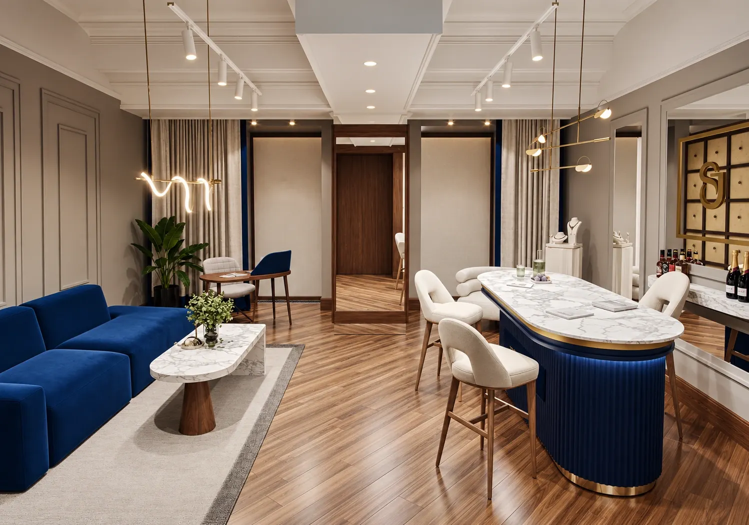 Wide view of the jewelry studio with a blue lounge sofa, mirrors and consultation counter.