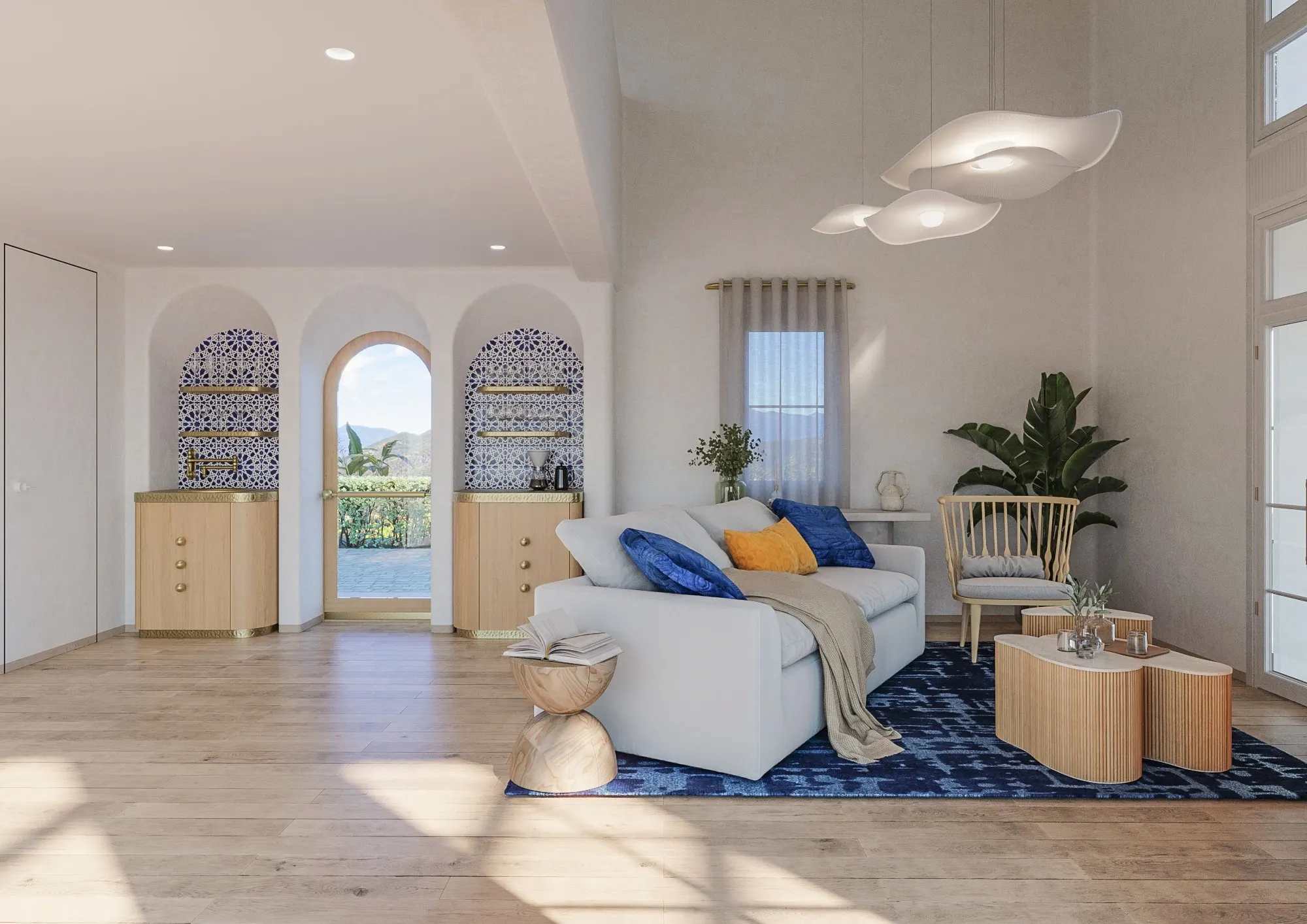 Living area with arched openings, patterned tile niches and soft seating.