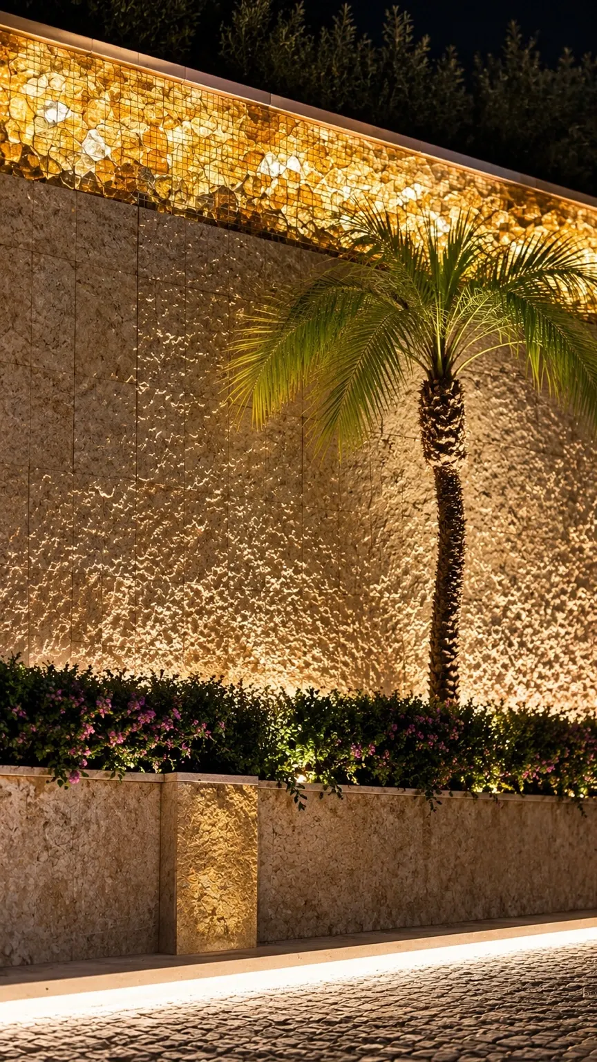 Illuminated palm beside a textured wall, glowing gabion feature and flowering groundcover.