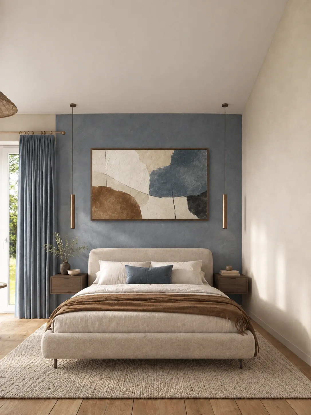 Blue bedroom with abstract artwork above the bed