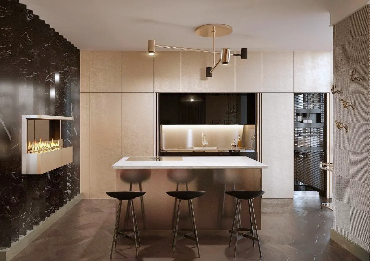 Front view of the kitchen and fireplace wall