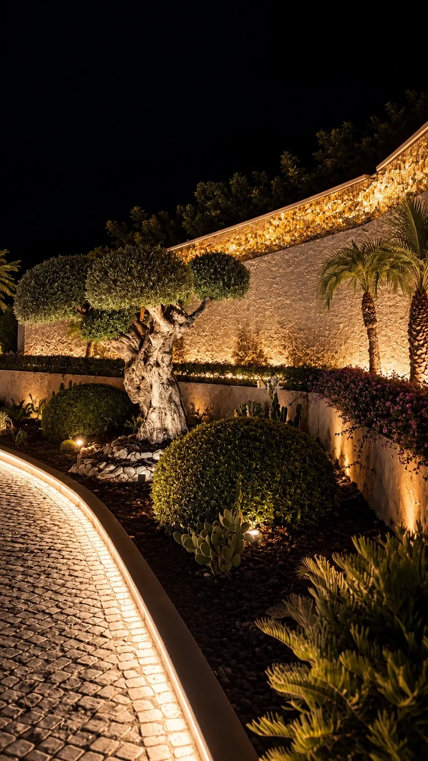 Sculptural olive tree, clipped shrubs and succulents beside a curved driveway with concealed kerb lighting.