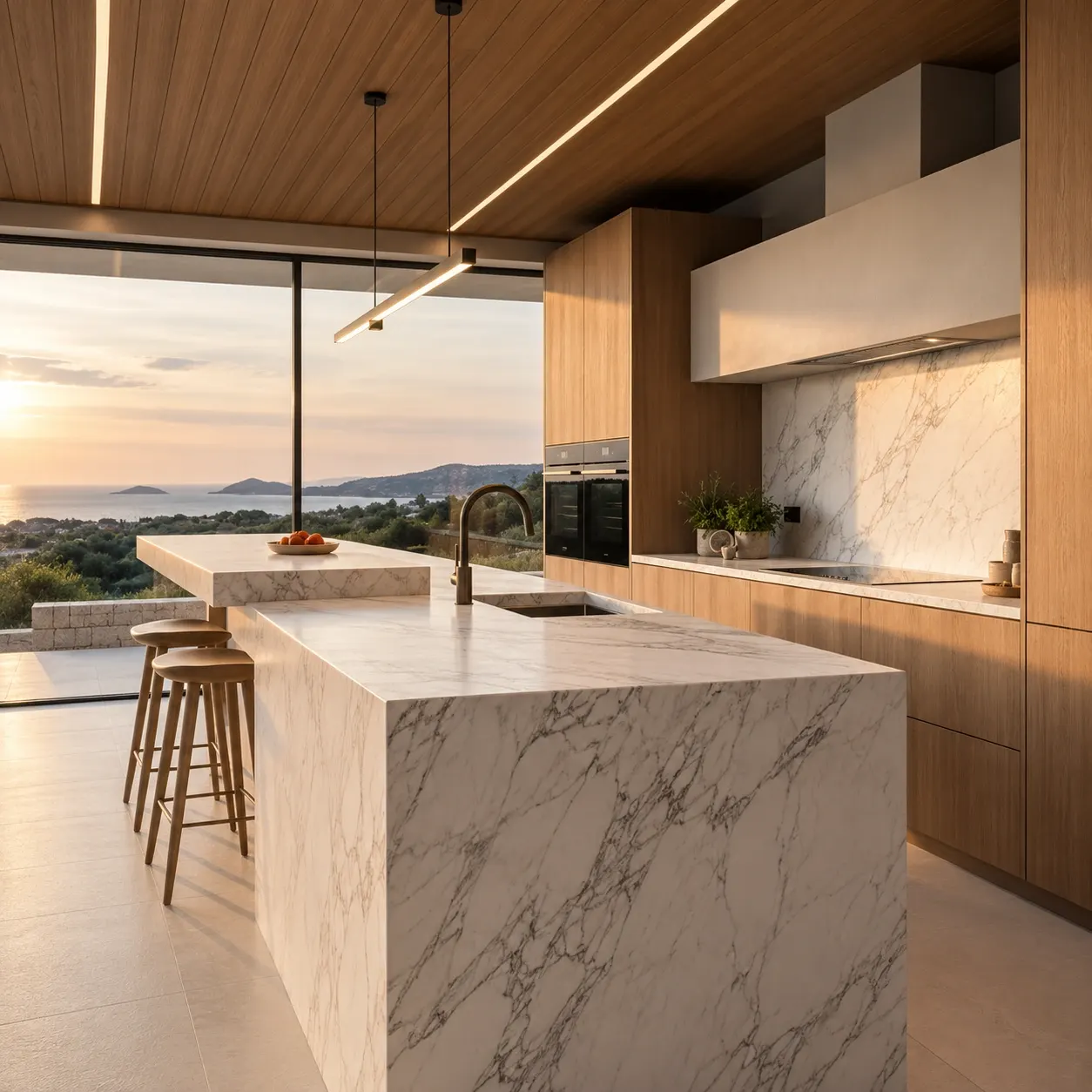 Kitchen with a marble island, timber cabinetry and a panoramic sea view.