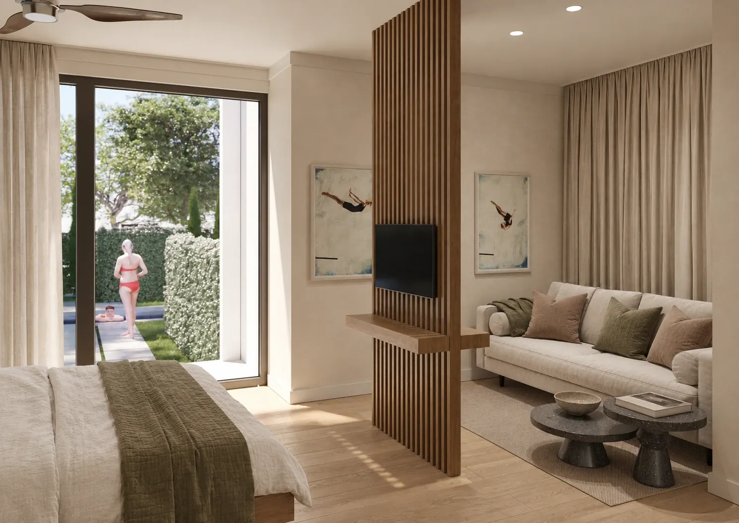 Bedroom and sitting area separated by a timber screen, opening towards the pool.