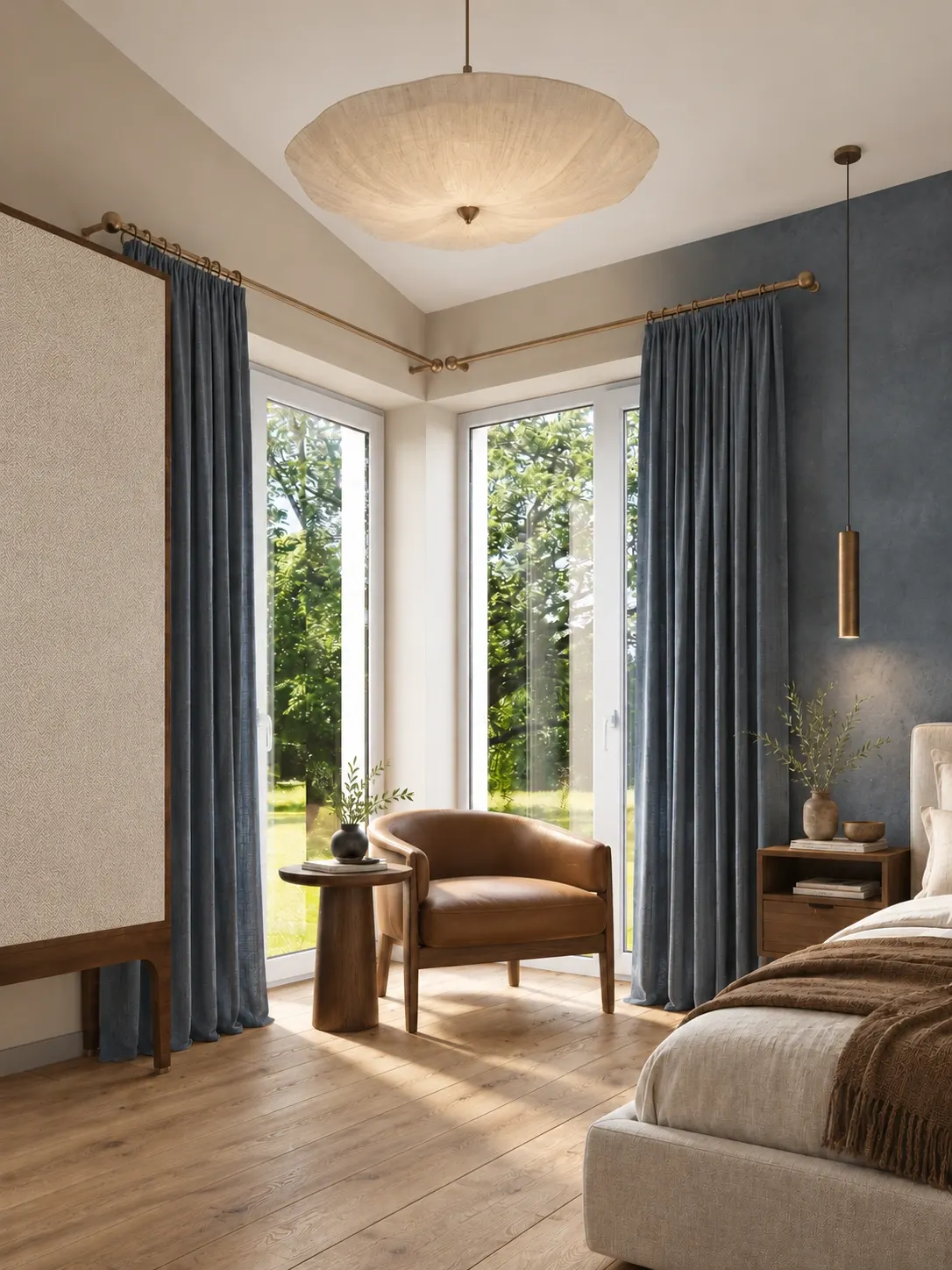 Reading corner and textile details in the blue bedroom
