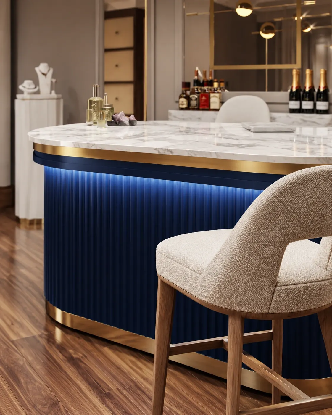 Close-up of the white countertop, gold-toned trim, blue fluting and textured chair.