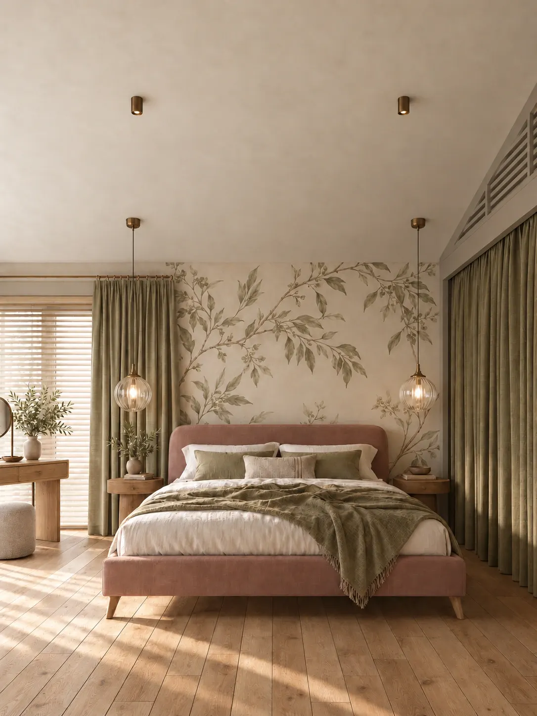 Botanical bedroom, front view with ribbed glass pendants