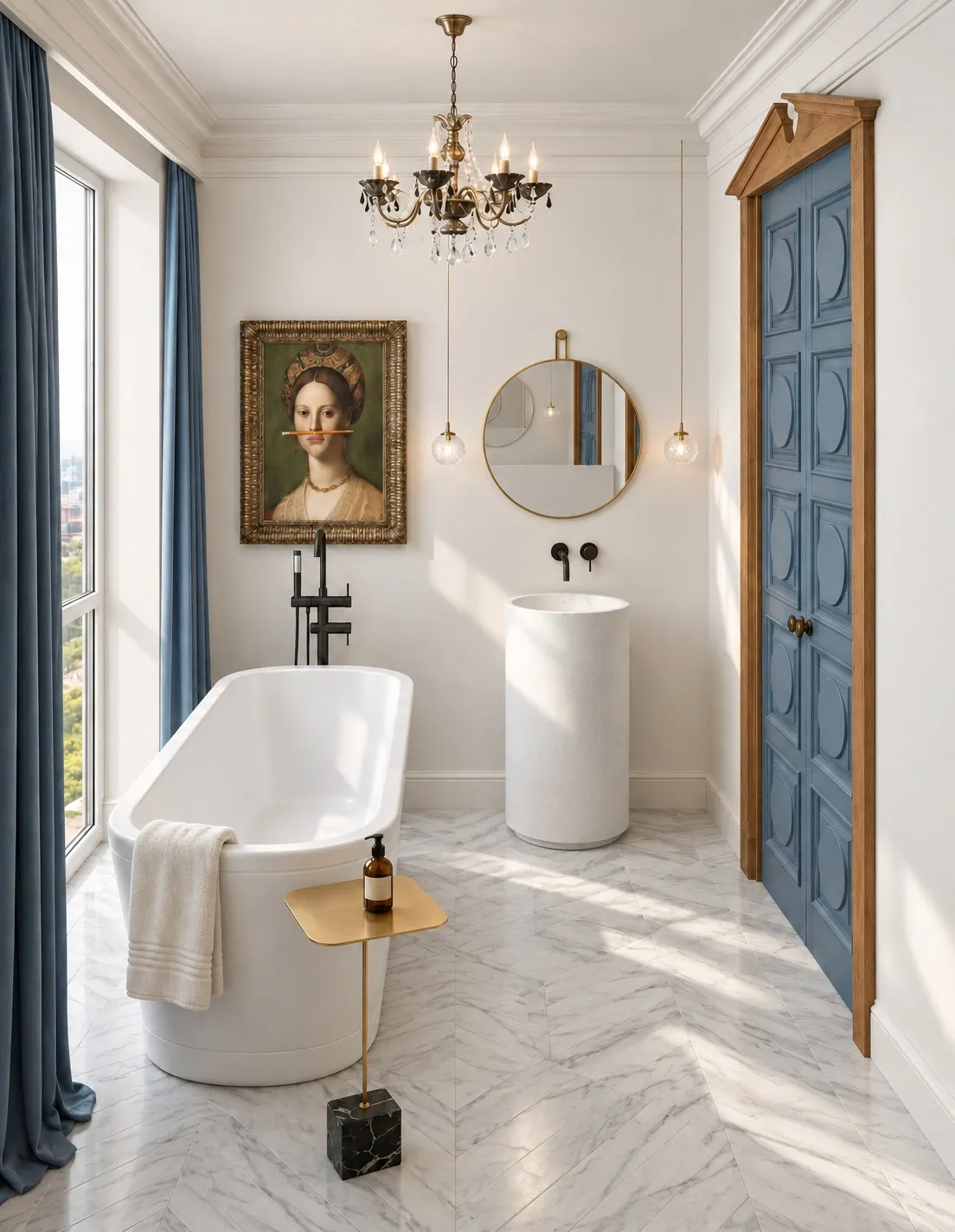 Freestanding bathtub beside the window, with chandelier and artwork