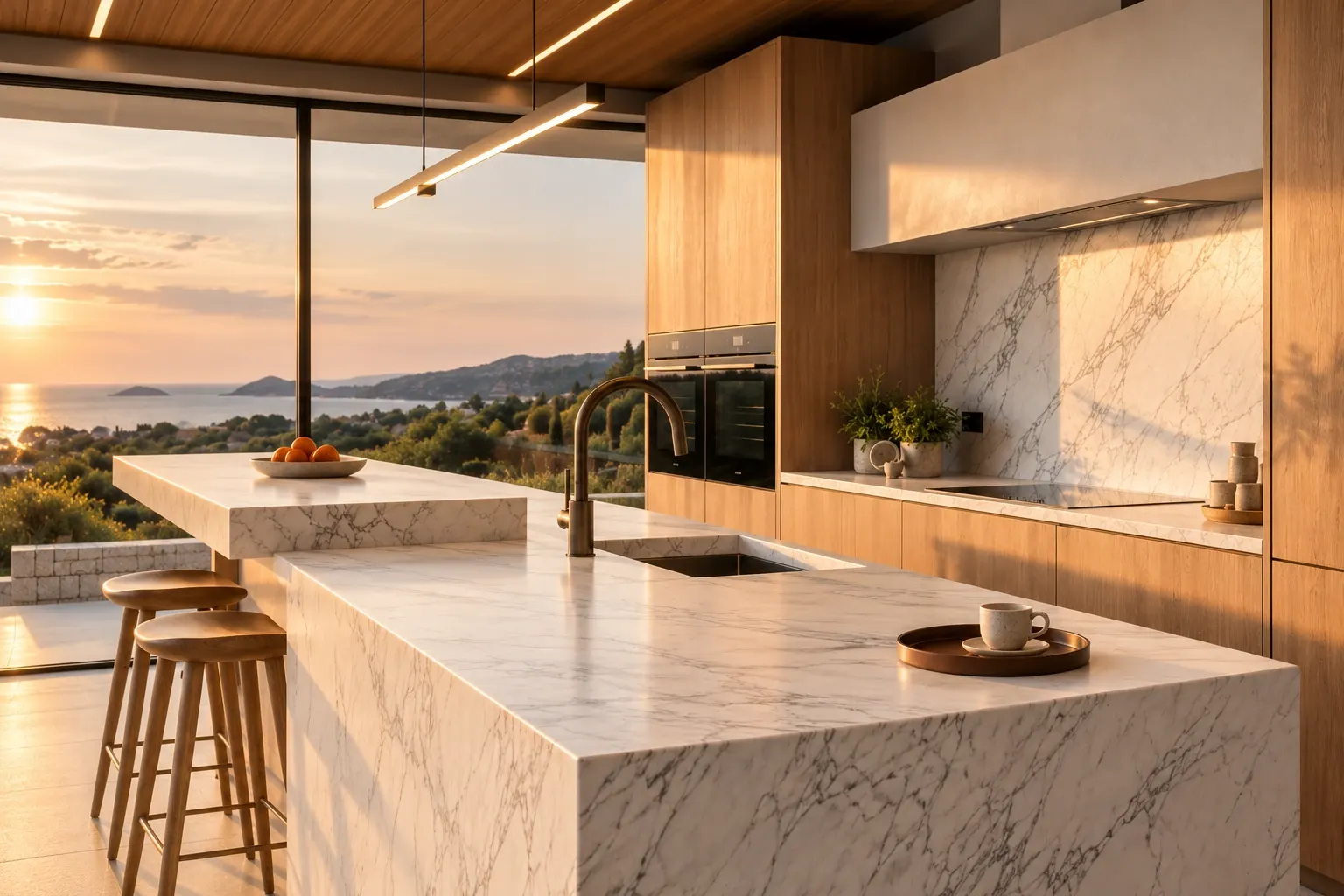 Closer kitchen view highlighting marble surfaces, timber grain and bronze-toned fittings.