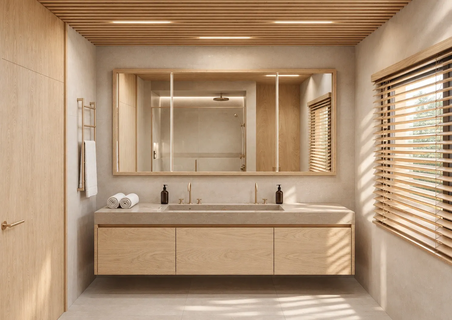 Bathroom vanity with two taps, timber drawers and a wide framed mirror