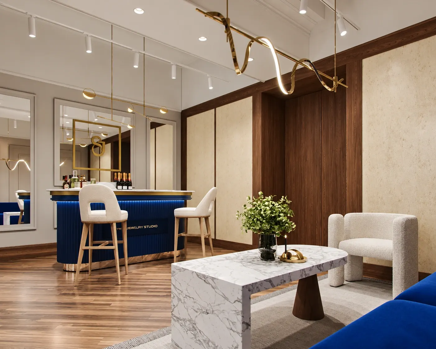 White stone coffee table, cream armchair, timber wall panels and sculptural lighting.
