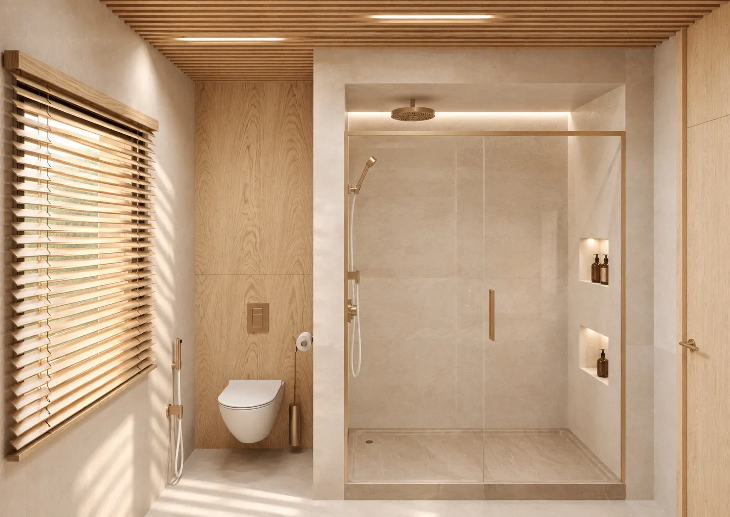 Glazed shower with gold-toned fittings, recessed niches and a timber slat ceiling