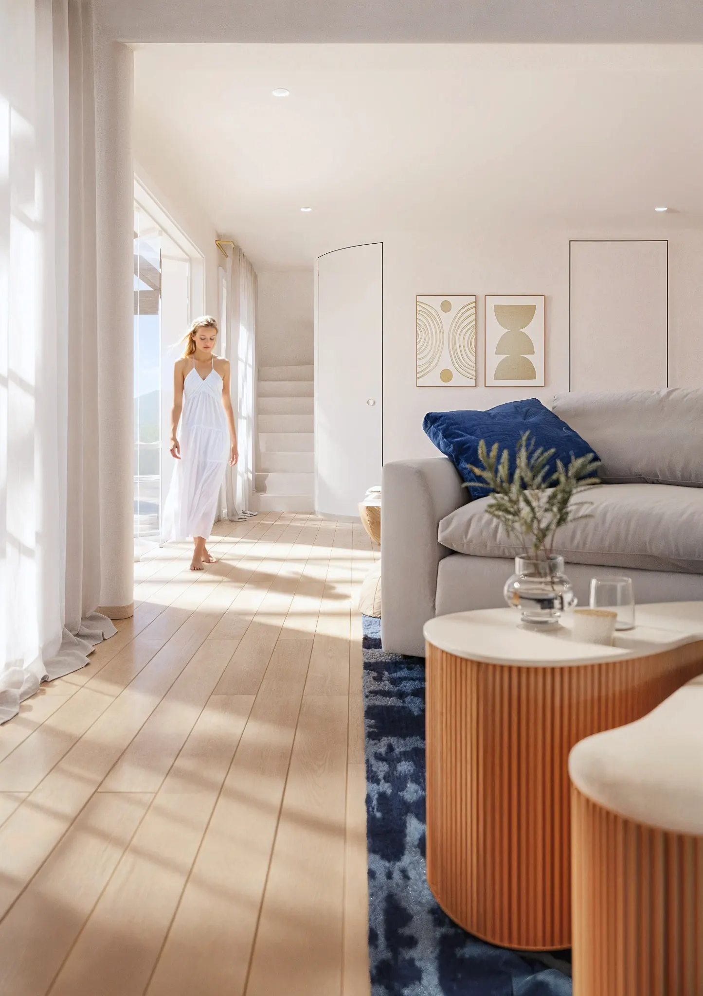 Sunlit living space with sheer curtains, a white sofa and fluted terracotta side tables.