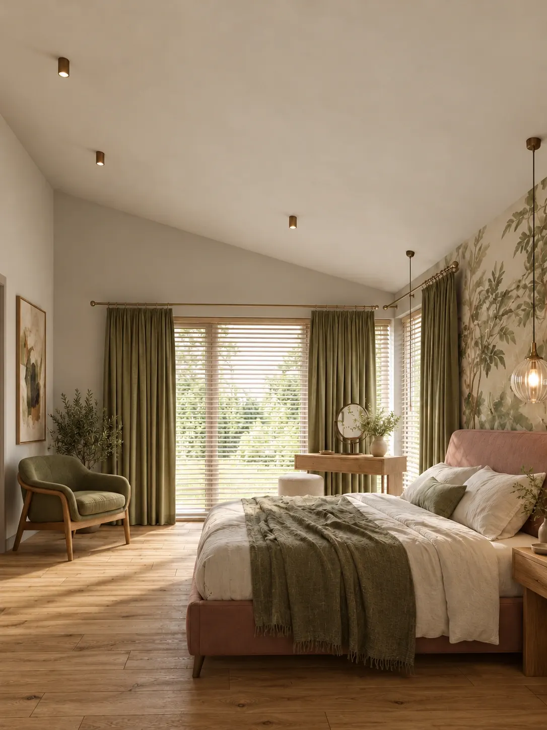 Botanical bedroom, side view with a glass pendant