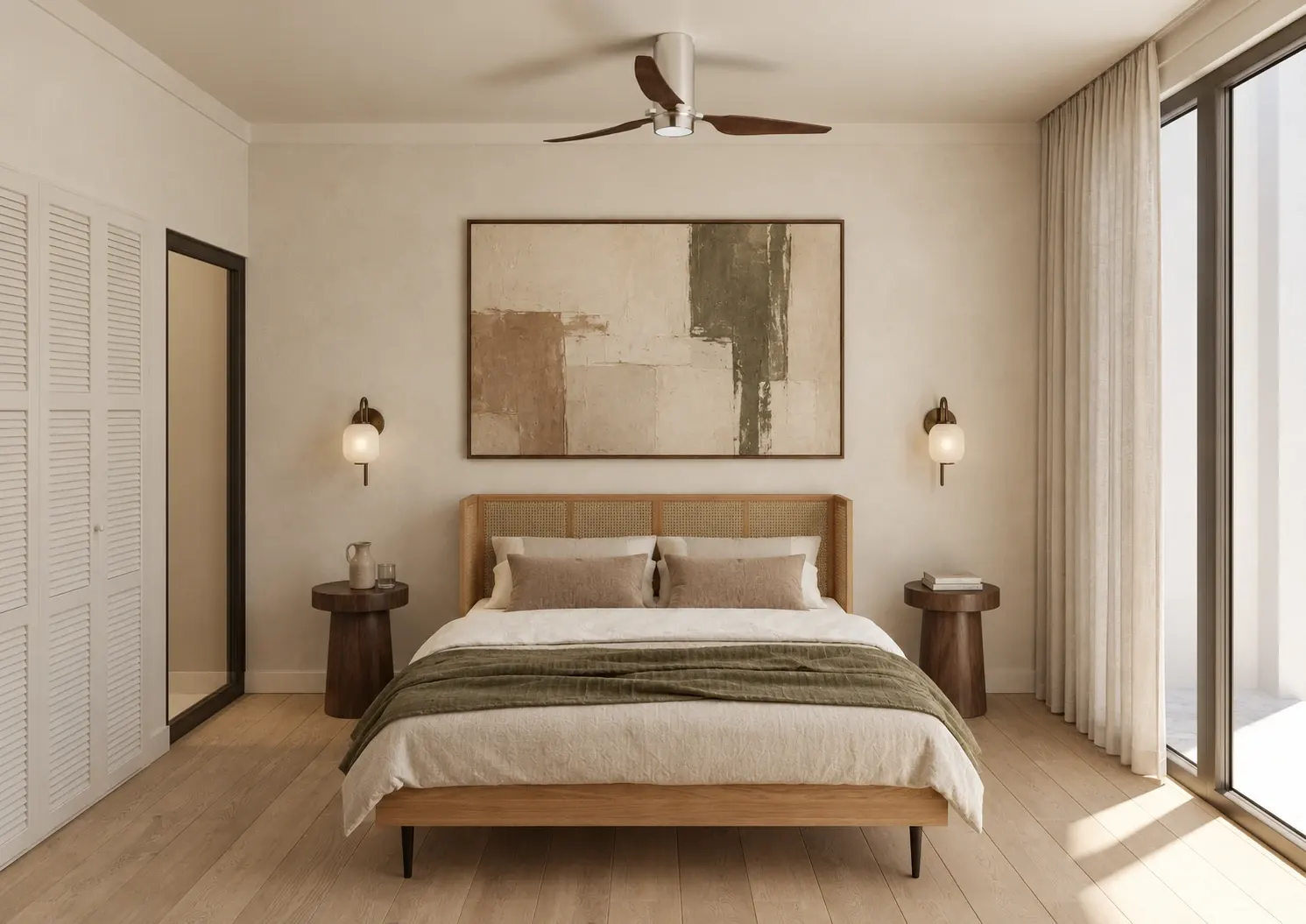 Bedroom with a woven headboard, neutral textiles and olive accents.