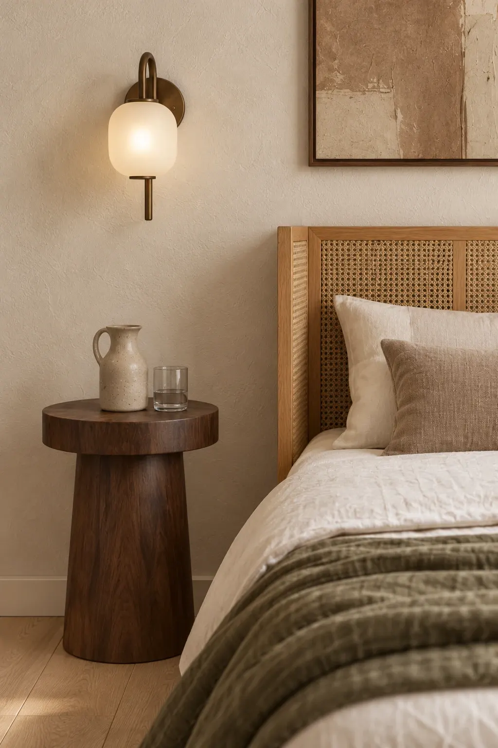 Bedside detail with a timber table, ceramic jug and glowing wall light.