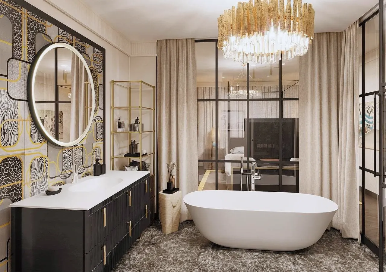 Freestanding bathtub, patterned wall and chandelier