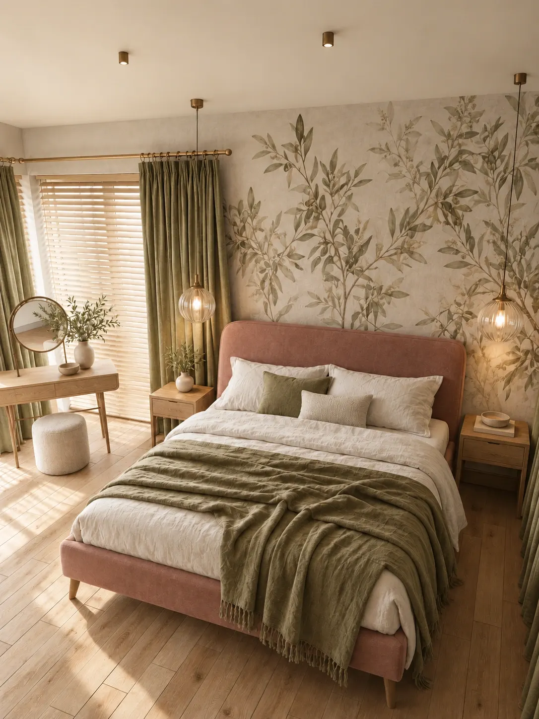 Botanical bedroom close view with glass pendants and layered textiles