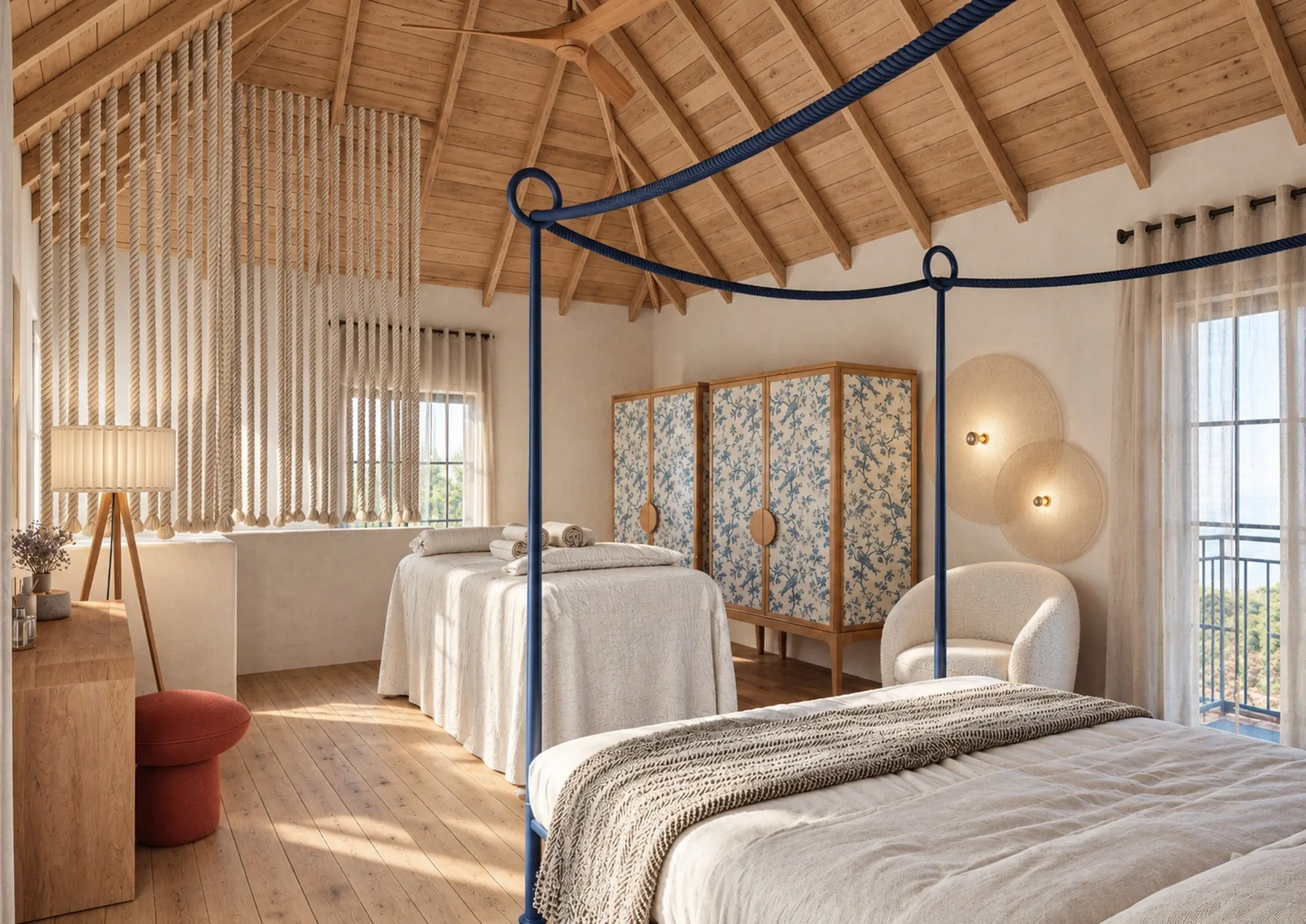 Reverse view of the bedroom with a suspended rope screen and timber ceiling.