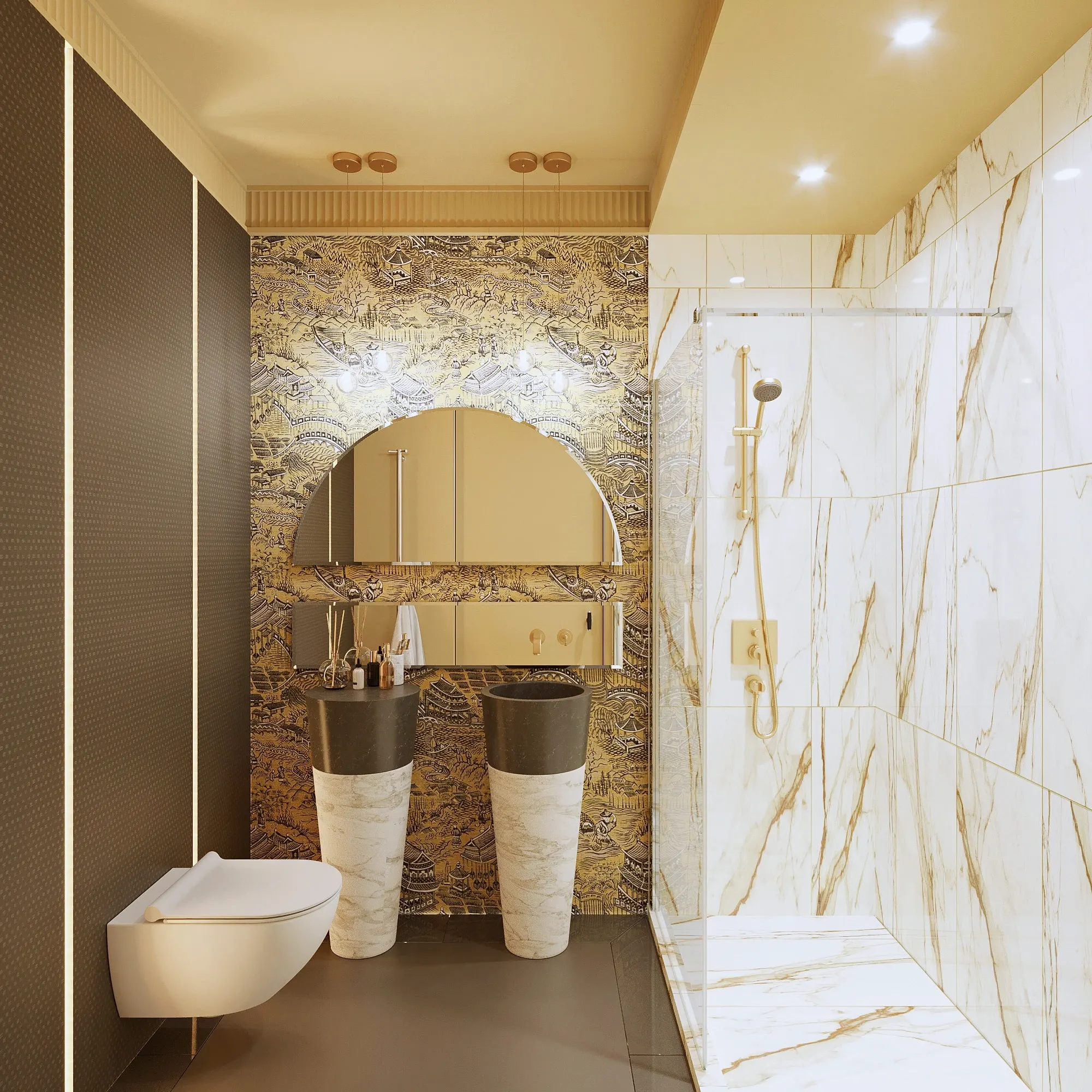 Guest bathroom with illustrated wall pattern, pedestal basin and shower