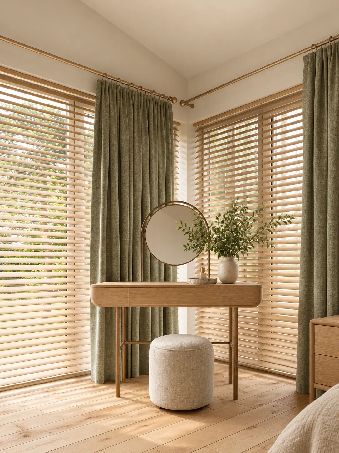 Oak dressing table, mirror and olive curtains