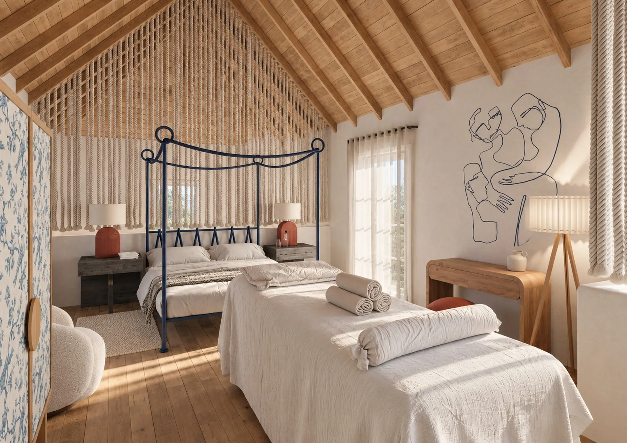 Massage table beside the four-poster bed beneath an exposed timber roof and line-drawing mural.