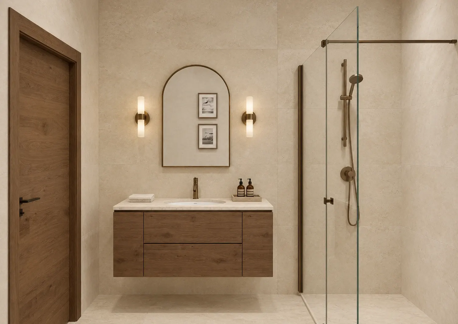 Bathroom with timber vanity, arched mirror and a glass shower enclosure.