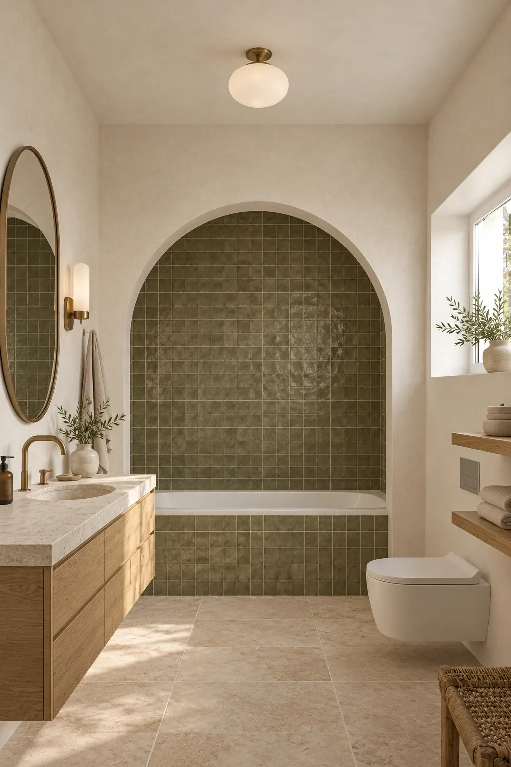 Bathroom with an arched olive tile surround