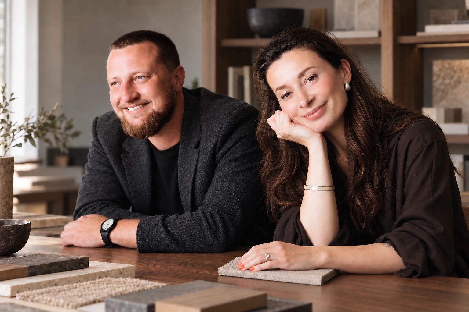 Anton and Oksana, founders of ANOK Studio, seated together at a table.
